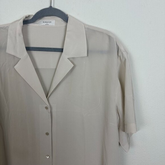 Aritzia Babaton Academy Silk Short Sleeve Blouse L Matter Pearl Minimalist Conte - Picture 2 of 14